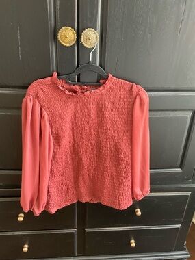 Express Smocked Ruffle-Neck Blouse in Coral